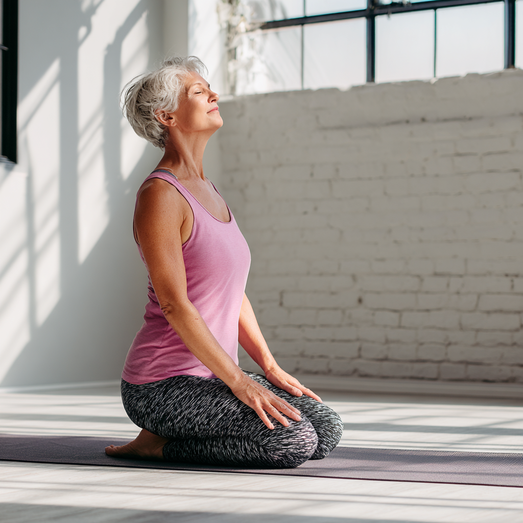 Жінка 55 років виконує м'яку асану йоги на килимку в світлій студії, демонструючи правильну постуру для початківців
