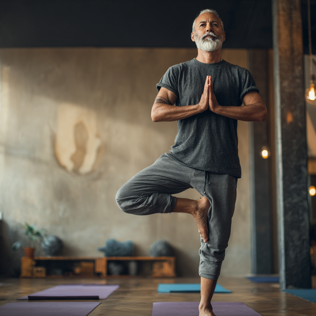 Чоловік 58 років у зручному одязі виконує позу дерева в йога-студії, демонструючи баланс та зосередженість під час пробного заняття